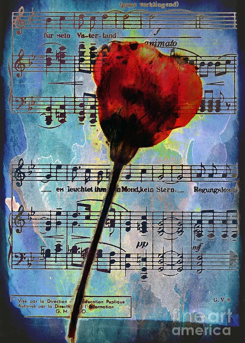 Flower Greeting Card featuring the mixed media 10378 Red Flower On Music Sheet by Colin Hunt