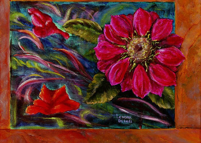 Flower Greeting Card featuring the painting Red Flower in Rust and Green by Lenora De Lude