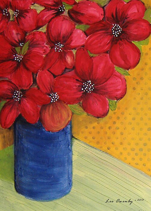 Red Flowers Greeting Card featuring the painting Red Flowers In A Blue Vase by Lee Owenby
