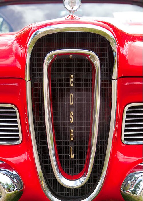 Custom Car Show Shine Classic Granum Alberta Canada Auto Automobile Chrome Hood Fender Bright Retro Greeting Card featuring the photograph Red Ford Edsel grill detail by Mick Flynn