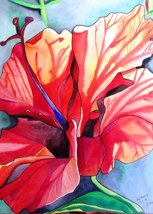 Hibiscus Greeting Card featuring the painting Red Hibiscus tropical flower by Sacha Grossel