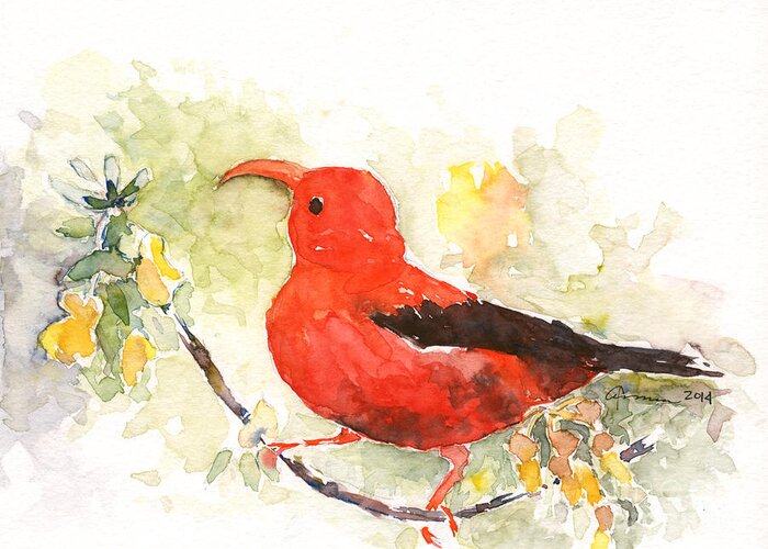 Hawaiian Bird Greeting Card featuring the painting I'iwi - Hawaiian Red Honeycreeper by Claudia Hafner