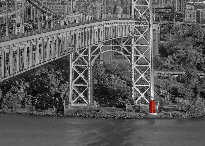 Autumn Greeting Card featuring the photograph Red Lighthouse And Great Gray Bridge BW by Susan Candelario