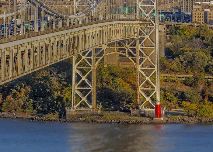 Autumn Greeting Card featuring the photograph Red Lighthouse And Great Gray Bridge by Susan Candelario