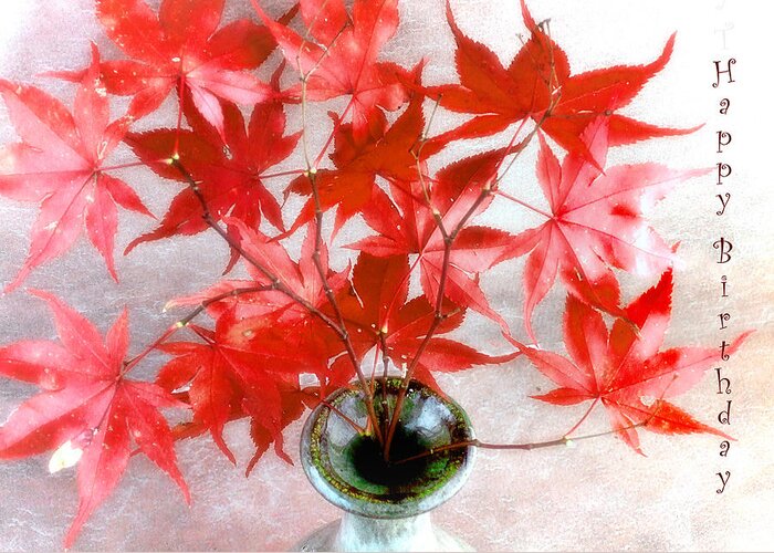 Leaves Greeting Card featuring the photograph Red Maple Leaves Still Life Happy Birthday Card by Louise Kumpf