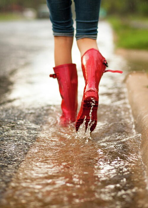 People Greeting Card featuring the photograph Red Rain Boots by Jennifer M. Ramos