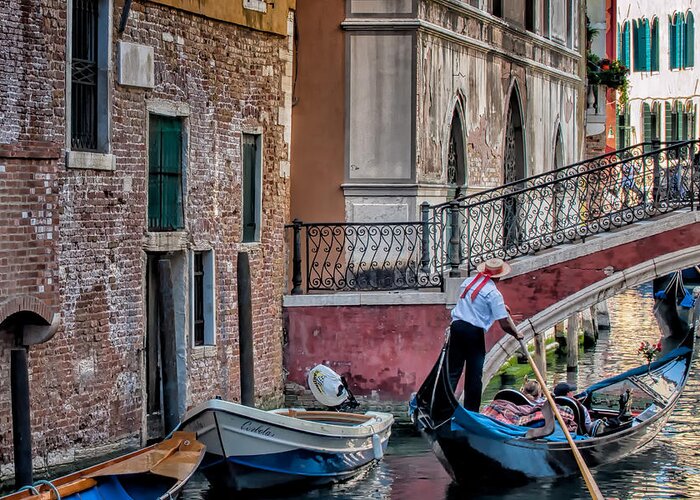 Europe Greeting Card featuring the photograph Red Ribbon Gondolier by Joan Herwig