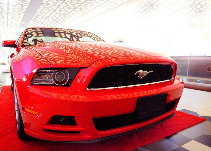 Ford Mustang Greeting Card featuring the photograph Red Savage Beauty. Ford Mustang by Jenny Rainbow