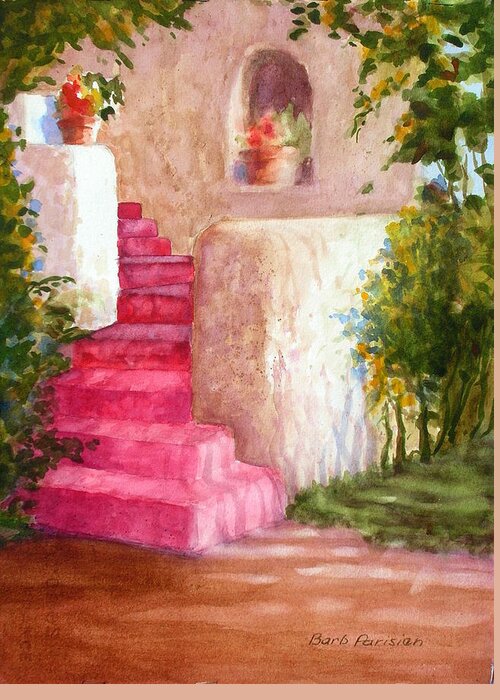 Red Greeting Card featuring the painting Red Stairs by Barbara Parisien