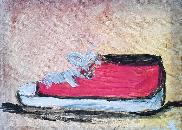 Red Greeting Card featuring the painting Red Tennis Shoe by Loretta Nash