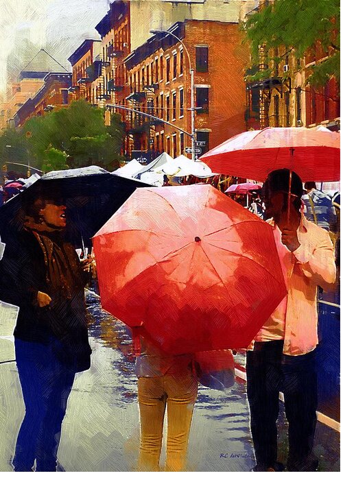 People Greeting Card featuring the painting Red Umbrellas in the Rain by RC DeWinter