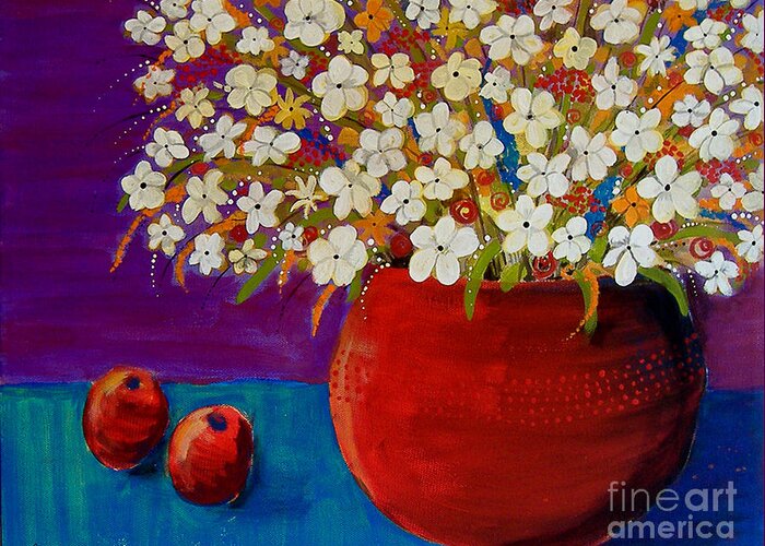 Red Vase Greeting Card featuring the painting Red Vase With Flowers by Lee Owenby