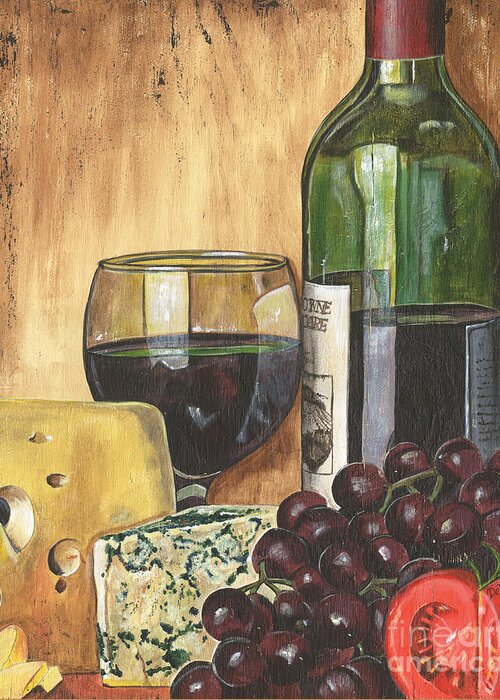 Red Wine Greeting Card featuring the painting Red Wine and Cheese by Debbie DeWitt
