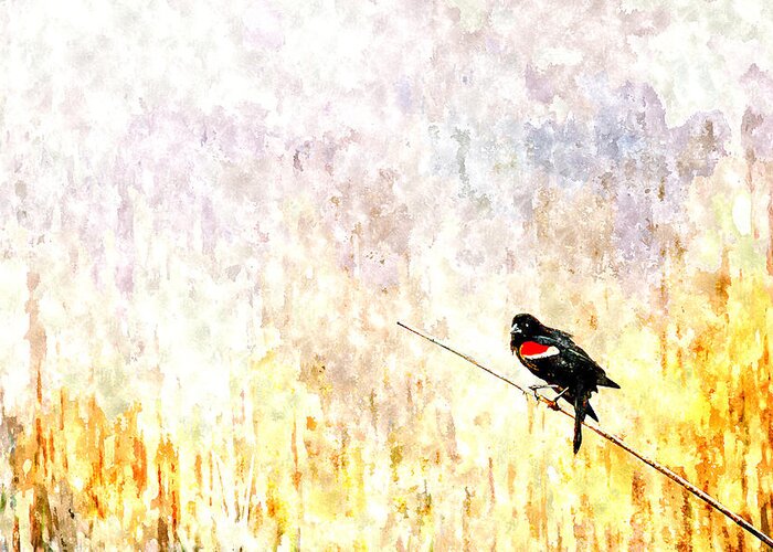 Red Greeting Card featuring the painting Red Wing Blackbird 2 by Rick Mosher