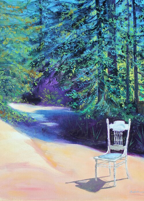Landscape Painting Greeting Card featuring the painting Redwood Path and White Chair by Asha Carolyn Young