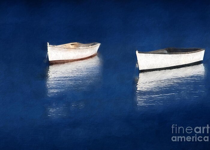 Rowboats Greeting Card featuring the digital art Reflections on Blue by Jayne Carney