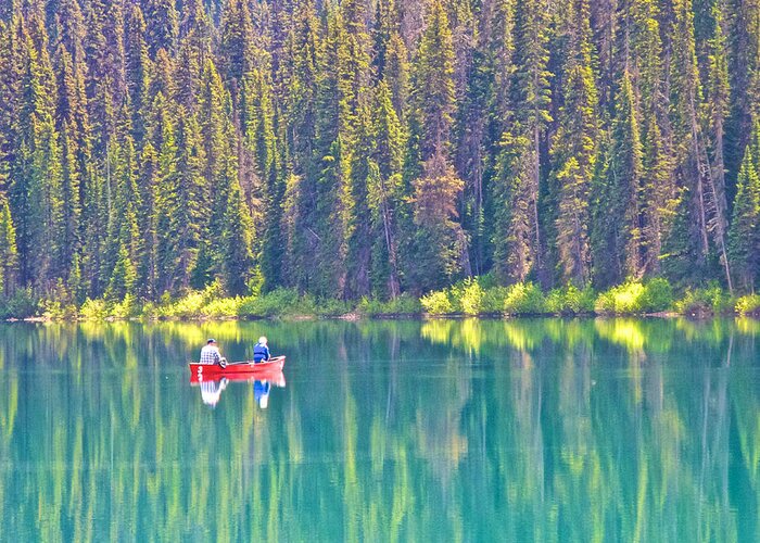 Red Fishing Boat Greeting Card featuring the photograph Reflective Fishing on Emerald Lake in Yoho National Park-British Columbia-Canada by Ruth Hager