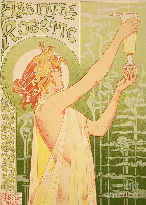 Advert; Advertisement; Alcohol; Liqueur; Alcoholic Drink; Beverage; Art Nouveau; Female; Holding Up A Glass Greeting Card featuring the painting Reproduction of a poster advertising 'Robette Absinthe' by Livemont