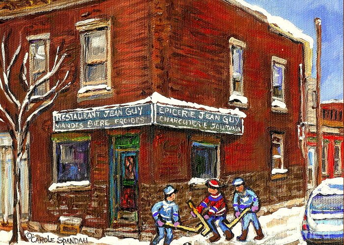 Montreal Greeting Card featuring the painting Restaurant Epicerie Jean Guy Pointe St. Charles Montreal Art Verdun Winter Scenes Hockey Paintings  by Carole Spandau