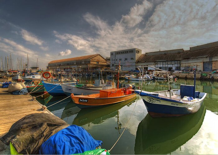 Israel Greeting Card featuring the photograph resting boats at the Jaffa port by Ron Shoshani