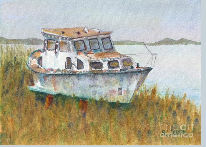Boats-small Boats - Power Boats-derelict Boats Greeting Card featuring the painting Retired by Sandy Linden