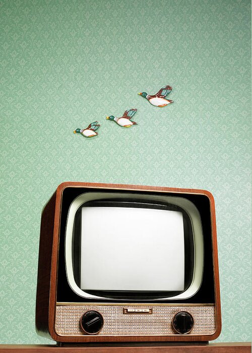 Humor Greeting Card featuring the photograph Retro Tv With Flying Ducks On The Wall by Peter Dazeley