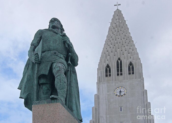 Iceland Greeting Card featuring the photograph Reykjavik Iceland Hallgrimskirkja and Leif Eriksson monument by Rudi Prott