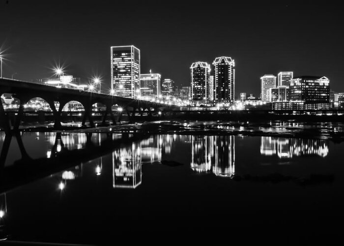 Richmond Greeting Card featuring the photograph Richmond Night Skyline BW by Stacy Abbott