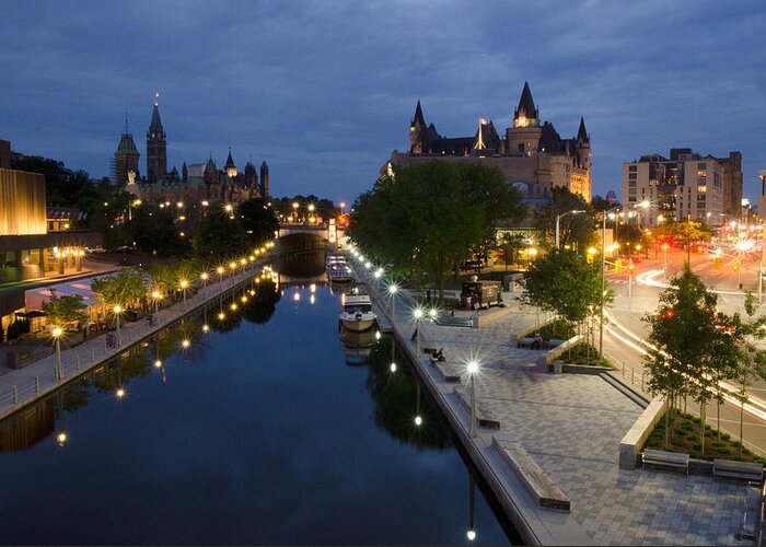 Pixels Greeting Card featuring the photograph Rideau Canal and Sussex Drive at night by Rob Huntley