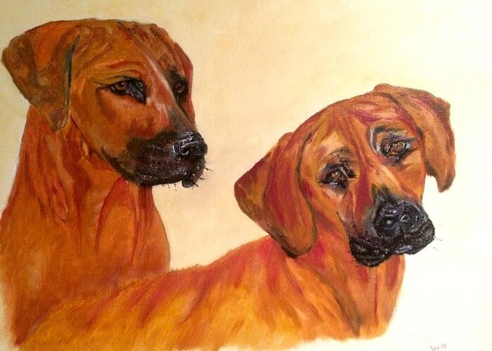 Dogs Greeting Card featuring the painting Ridgebacks by Denise Tomasura