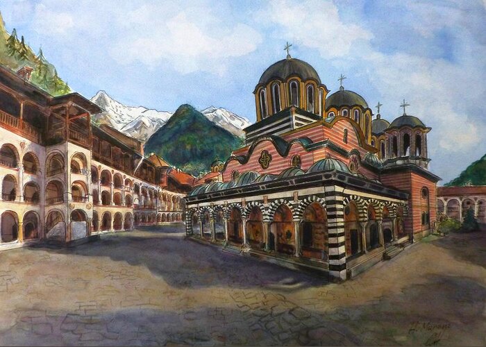 Rila Monastery Greeting Card featuring the painting Rila Monastery Bulgaria by Henrieta Maneva