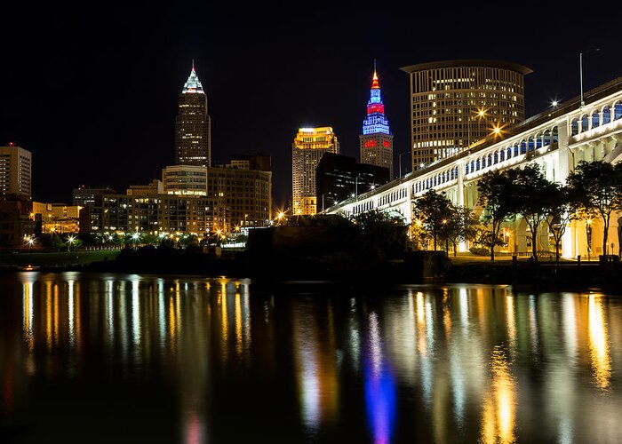  Cleveland Skyline Greeting Card featuring the photograph River Reflections of Cleveland Ohio by Dale Kincaid