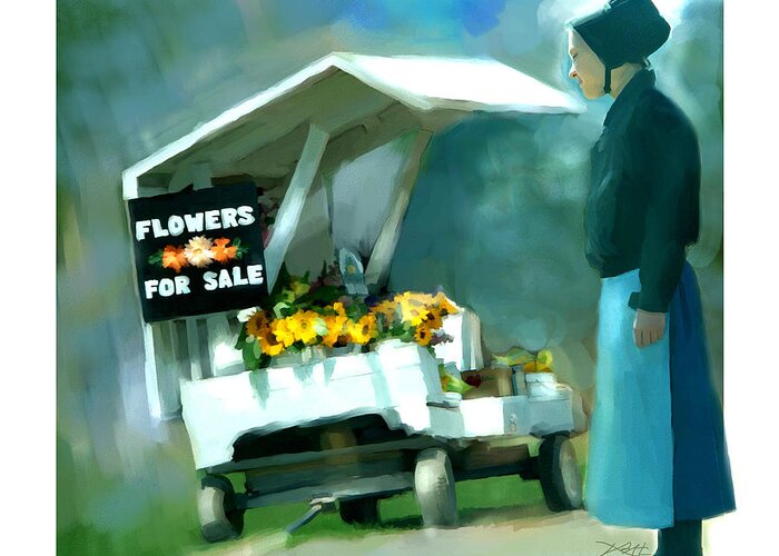 Amish Greeting Card featuring the painting Roadside Flower Stand Alternate Version by Bob Salo