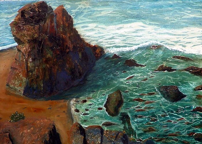 Beach Greeting Card featuring the painting Rock Beach and Sea by Chriss Pagani