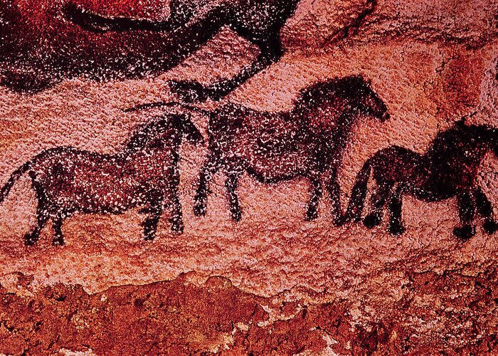 Prehistoric Greeting Card featuring the photograph Rock Painting Of Tarpans Ponies, C.17000 Bc Cave Painting by Prehistoric