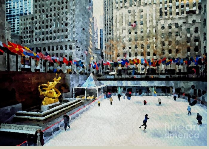 Rockefeller Center Ice Skating Greeting Card featuring the painting Rockefeller Center Ice Skaters NYC by Femina Photo Art By Maggie