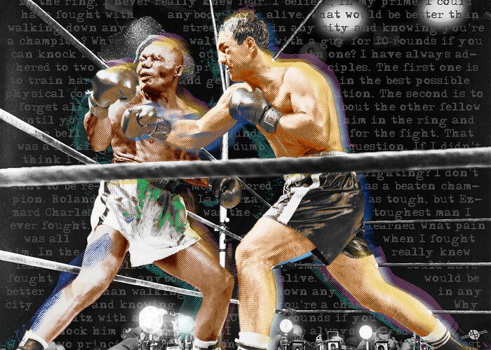 Rocky Marciano Greeting Card featuring the painting Rocky Marciano V Jersey Joe Walcott Quotes by Tony Rubino