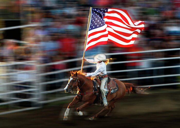 Horse Greeting Card featuring the photograph Rodeo Queen With American Flag by Bob Pool