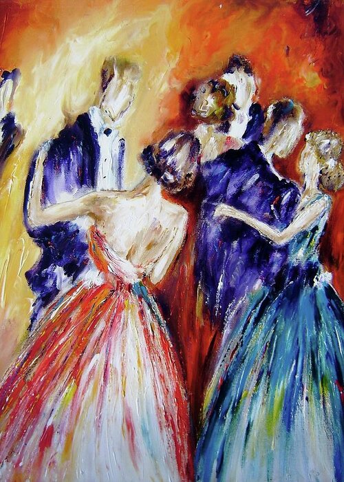 Romance Greeting Card featuring the painting Romantic Dance Paintings by Mary Cahalan Lee - aka PIXI