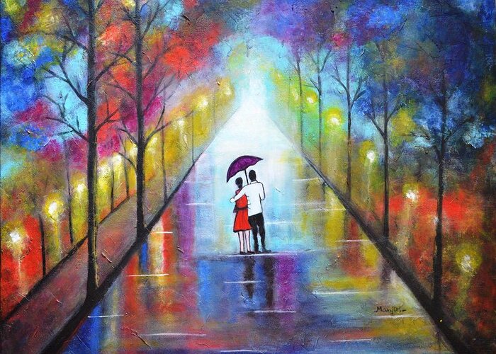 Romance Greeting Card featuring the painting Romantic Interlude by Manjiri Kanvinde