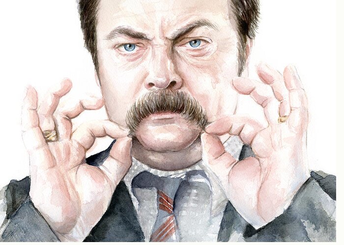 Ron Greeting Card featuring the painting Ron Swanson Mustache Portrait by Olga Shvartsur