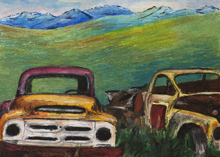 Pastel Greeting Card featuring the painting Rons Trucks visit the Yukon River by Carolyn Doe