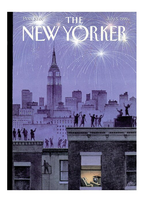 Harry Bliss Hbl Greeting Card featuring the painting Rooftop Revelers Celebrate New Year's Eve by Harry Bliss