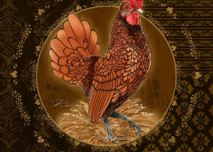 Rooster Greeting Card featuring the mixed media Rooster Golden by Shari Warren