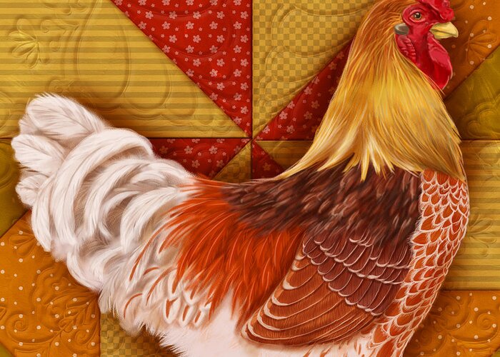 Rooster Greeting Card featuring the mixed media Rooster on a Quilt II by Shari Warren
