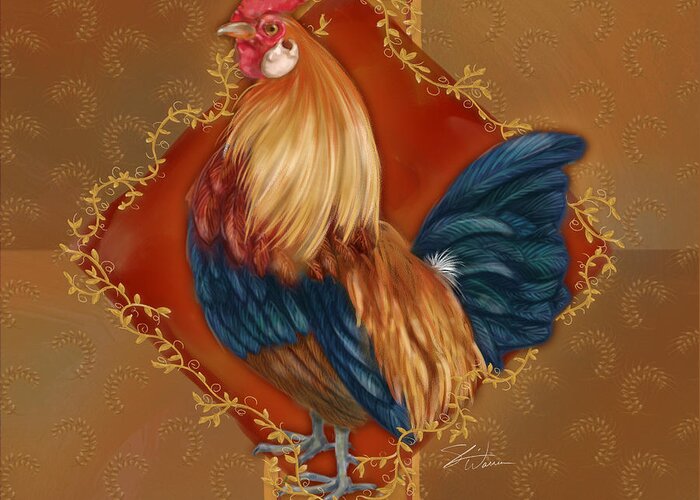 Rooster Greeting Card featuring the mixed media Rooster on Red and Gold I by Shari Warren