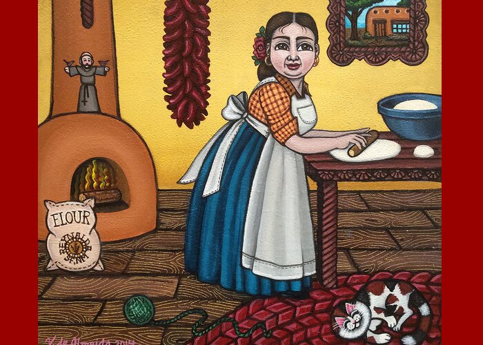 Cook Greeting Card featuring the painting Rosas Kitchen by Victoria De Almeida