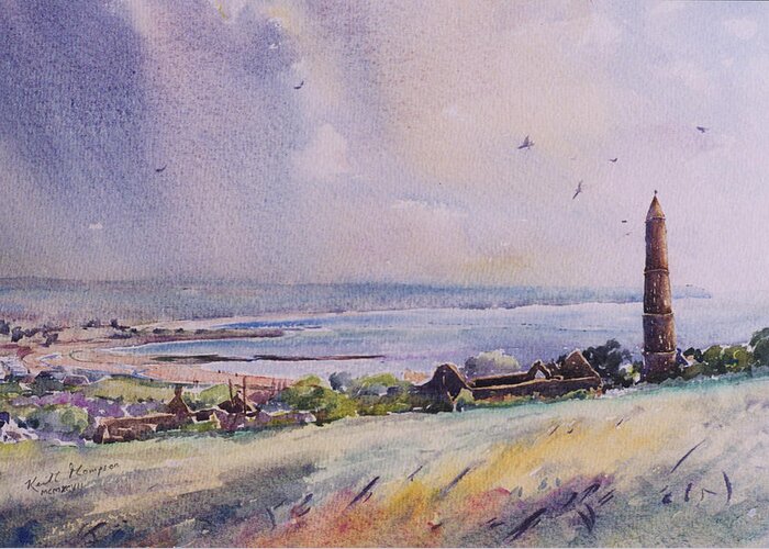 Keith Thompson Greeting Card featuring the painting Round Tower Ardmore County Waterford by Keith Thompson