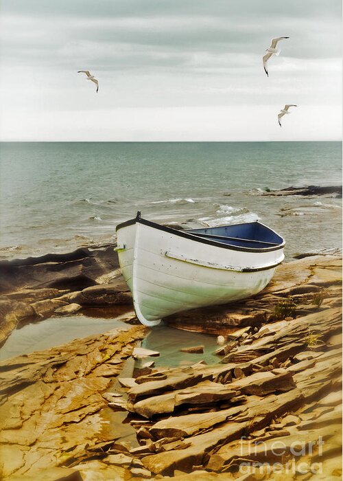 Boat Greeting Card featuring the photograph Row Boat on Rocky Shore by Jill Battaglia
