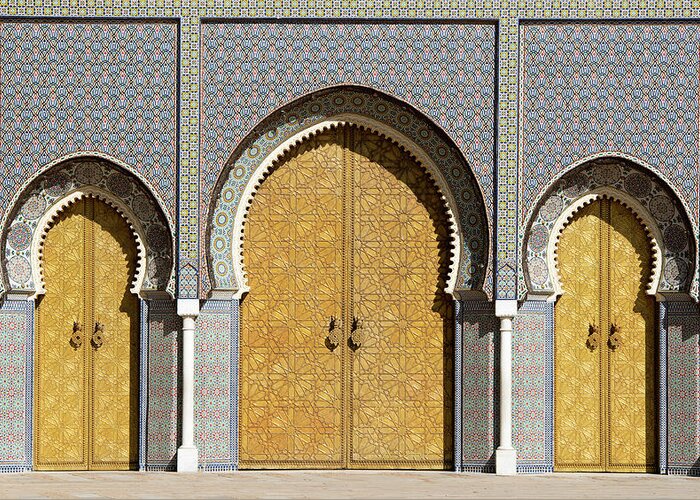 Arch Greeting Card featuring the photograph Royal Palace Main Doors Fez Morocco by 1001nights